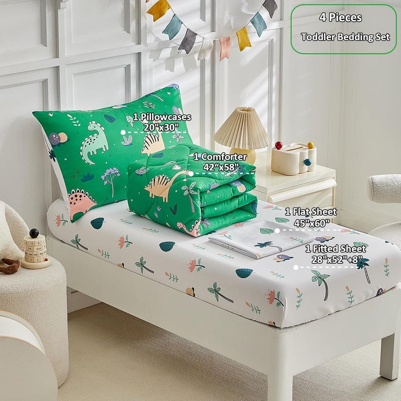 DuShow Dinosaur Toddler Bedding Set for Boys, 4 Pieces Soft Crib Bed Set Including Comforter, Fitted Sheet, Flat Top Sheet and Pillowcase-Green - Image 3